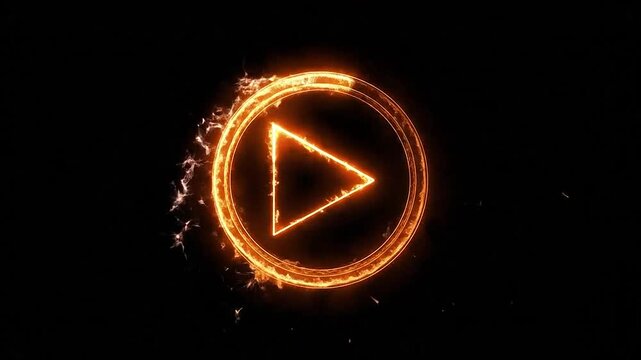A glowing orange fire play button icon on black background