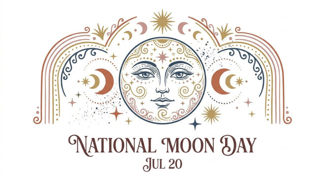 National Moon Day Jul 20 - Celestial Face with Crescent Moons and Stars