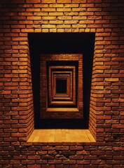 Fototapeta premium Geometric brick corridor recedes into darkness. Infinite doorways create abstract tunnel effect. Warm light illuminates textured orange brickwork. Architectural space feels mysterious, endless,