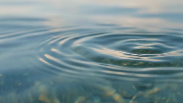 Gentle ripples on the surface of calm blue water, soft focus background with sky reflection, serene and tranquil