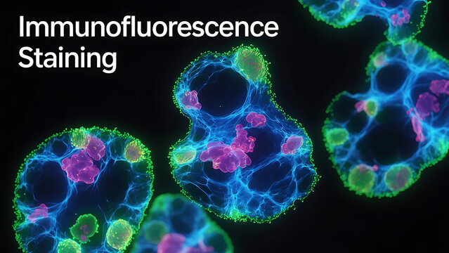 Immunofluorescence staining of cells with green and blue fluorescence and pink structures inside  microscopic view of cellular structures