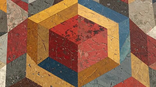 A colorful geometric pattern with textured triangular and cubic shapes