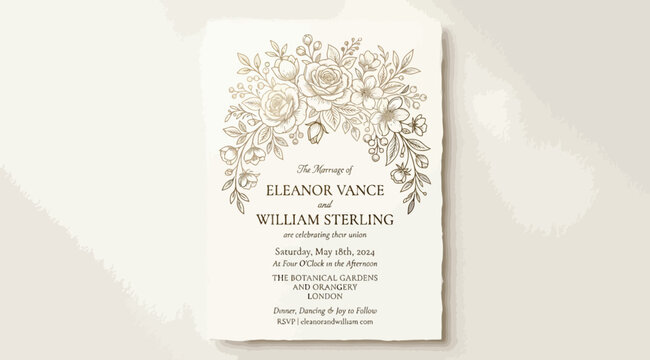 Elegant wedding invitation card template with floral line art frame