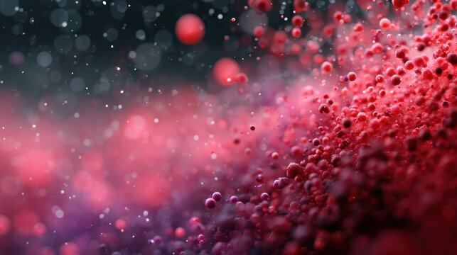 A multitude of small red balls and spheres fly apart on an abstract background