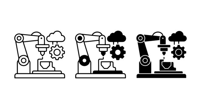 Industrial Robotic Arm 3D Printing Icons, Automation Technology, Manufacturing Process, Cloud Integration, Vector Set