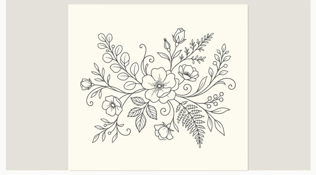 Handdrawn botanical floral arrangement with wildflowers, leaves, and ferns