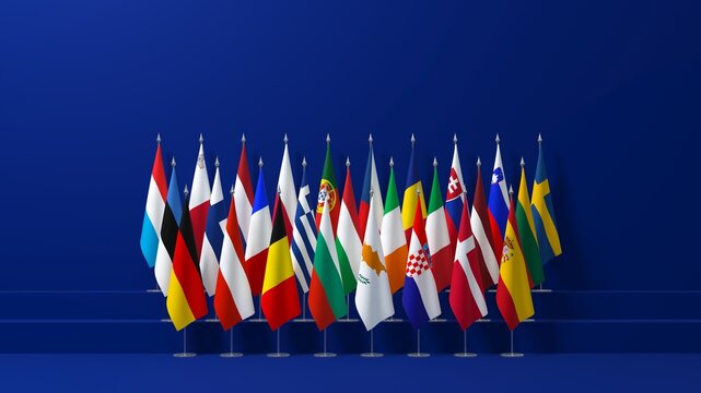 all European Union member state flags on a blue background - 3D rendering