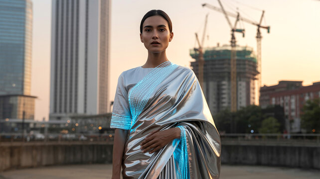 Futuristic saree model in Dhaka skyline with liquid metal fabric