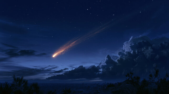 Falling meteor above clouds at night
