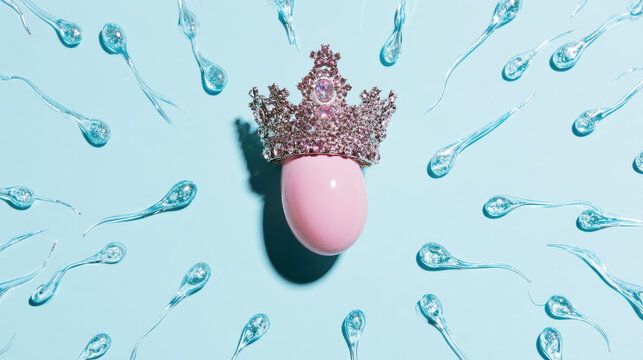 An egg in a crown surrounded by sperm symbolizes fertilization, conception, and reproduction