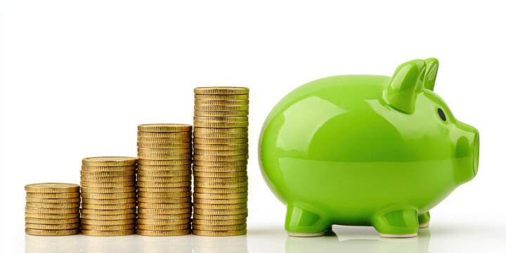 Green piggy bank and growing coin stacks
