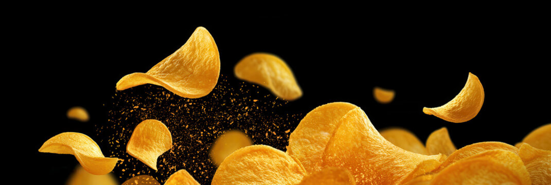 Banner with crispy chips in flight.