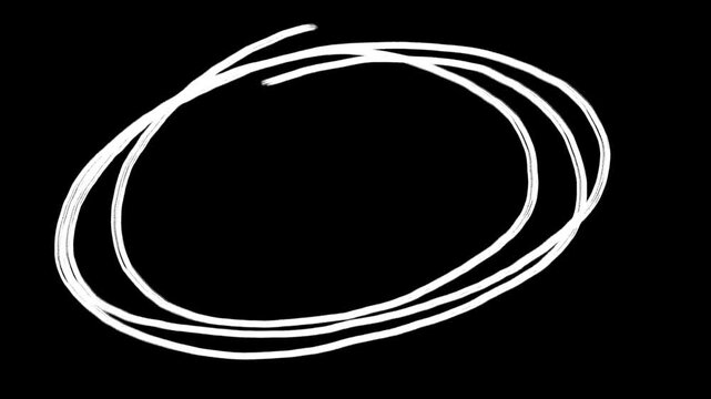 Animated white scribble circle hand-drawn with a realistic chalk texture on a transparent alpha channel. Designed for framing, highlighting text, or drawing focus to screen elements.