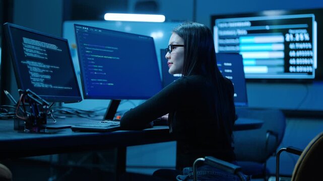 Focused female programmer coding on multiple monitors in a dark high-tech cybersecurity center. IT specialist typing on keyboard, analyzing big data on screens in a server room late at night.
