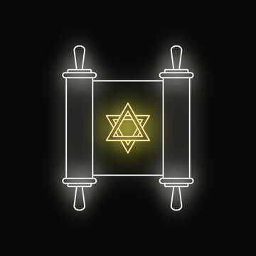 Glowing neon outline of a torah scroll with the star of david on a black background