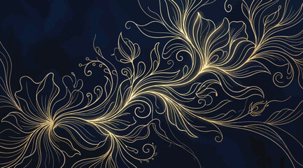 Luxury golden floral ornament on dark blue background, elegant swirling botanical design with intricate lines © S.Siam