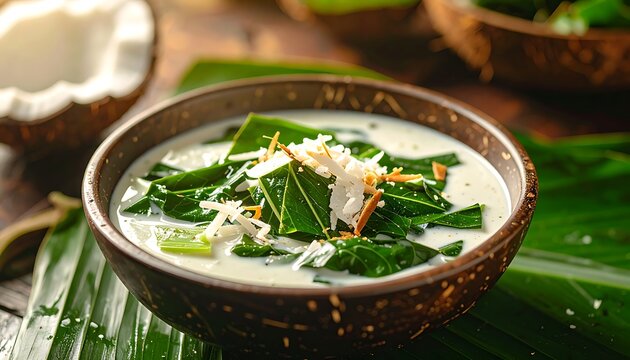 A bowl of creamy soup with green leaves and spices on a wooden table