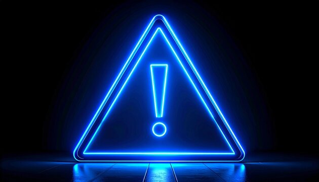 A luminous blue neon triangular warning sign with exclamation mark glows against black, symbolizing caution, alert, and digital safety in a modern style.