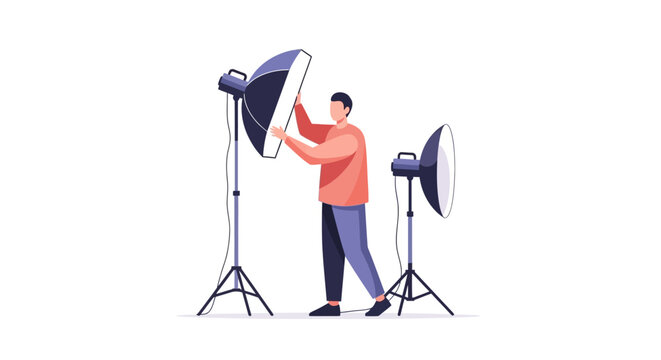 Photographer Adjusting Studio Lighting Equipment for a Shoot.