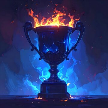 A blue trophy on fire with flames and smoke around it