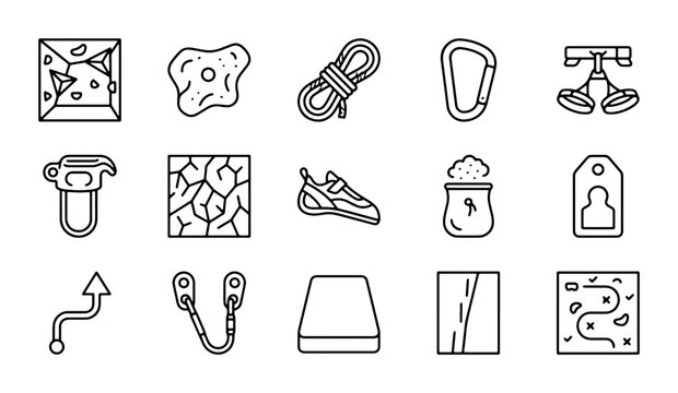 Climbing Gear Icons: Bouldering, Rope, Carabiner, Shoes, Chalk Bag, Vector Set