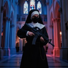 Obraz premium Nun wears mask holds rifle inside gothic church. Religious woman armed with assault weapon stands amidst stained glass windows and pillars. Spiritual figure in conflict.
