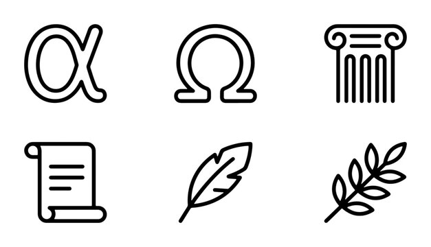 Ancient Greek Icons: Alpha, Omega, Column, Scroll, Feather, Laurel Wreath, Classic Symbols