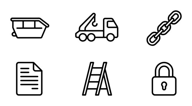 Construction Icons Set: Skip Bin, Tow Truck, Chain, Document, Ladder, Lock, Vector Graphics