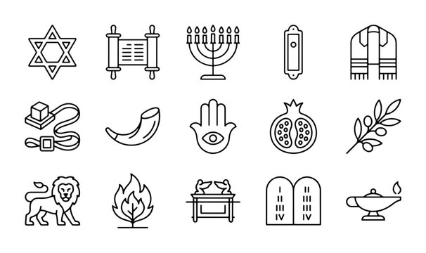 Jewish Symbols Vector Icons Set: Star of David, Torah, Menorah, Hamsa, Shofar, Olive Branch