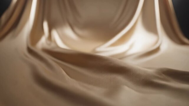 Elegant flowing beige fabric folds and drapes with soft spotlight illumination, luxurious textile texture, gentle curves, smooth surface, subtle highlights