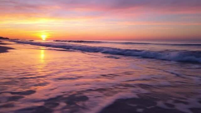 Gentle ocean waves lap onto a sandy beach at sunset, casting golden and purple hues across the sky and sea, peaceful and serene atmosphere