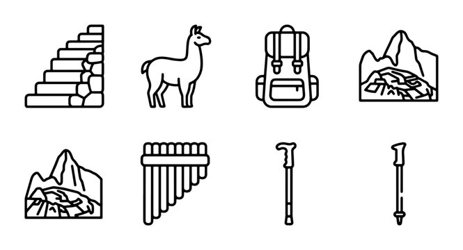 Peruvian Icons: Llama, Machu Picchu, Pan Flute, Backpack, Trekking Poles, Terraces
