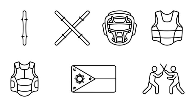 Filipino Martial Arts Icons: Arnis Sticks, Protective Gear, Flag, Combatants, Vector Set