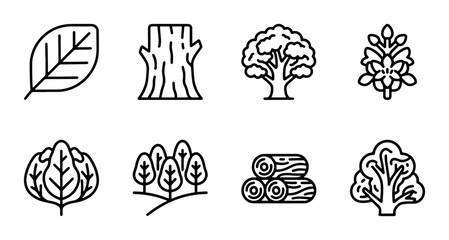 Fototapeta premium Nature Icons Set: Leaf, Tree Stump, Forest, Wood Logs, Plants, Vector Graphics