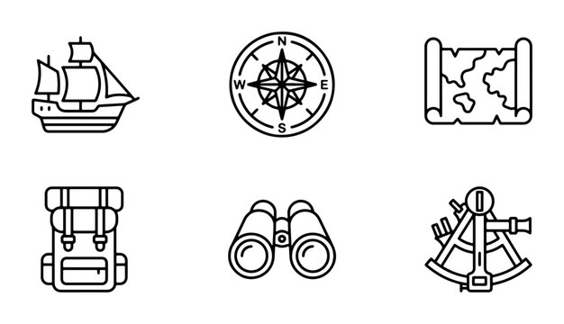 Nautical Adventure Icons: Vintage Ship, Compass, Map, Backpack, Binoculars, Sextant