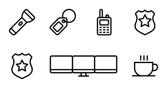 Security Icons: Badge, Flashlight, Radio, Key Tag, Monitors, Coffee Cup Vector Set