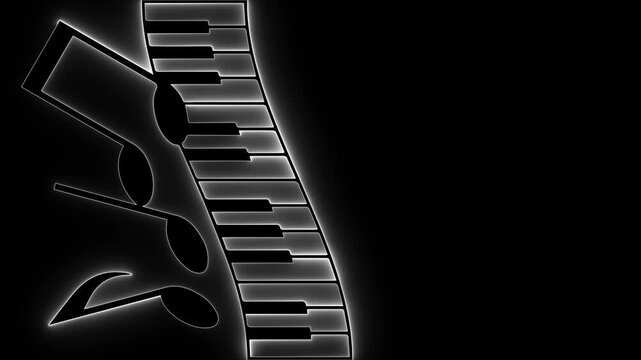 Piano keys. Music notes. Glowing banner. Copy space. Musical art. Abstract music. Black and white. Piano background. Music design. Keyboard art. Neon animation.
