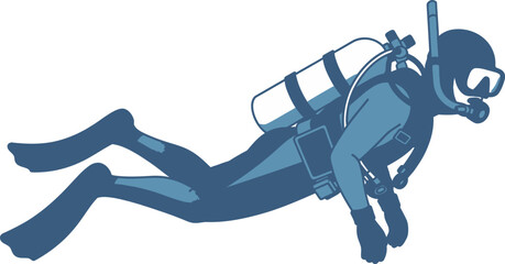 Scuba diver swimming underwater with a full oxygen tank and professional gear is captured in a minimalist blue silhouette style. © amirhamzaaa