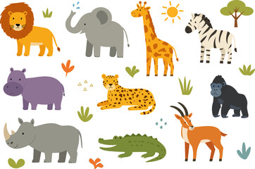 Obraz premium Cute African safari animals collection including lion, elephant, giraffe, zebra, hippopotamus, leopard, gorilla, rhinoceros, crocodile and antelope. Colorful flat cartoon illustration set for kids.