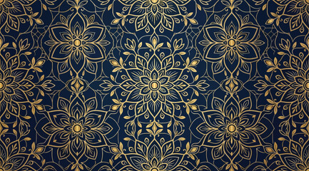 Seamless pattern with golden mandala flowers on dark blue background, luxury wallpaper design, intricate floral ornament, elegant vector texture for textile or wrapping paper © S.Siam