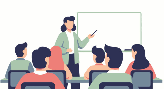 Teacher instructing students in a classroom with whiteboard.