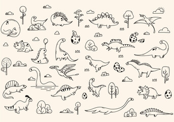 Cute hand drawn dinosaur doodle set with prehistoric creatures and plants. © Ayat