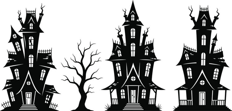 Spooky Halloween Haunted House Silhouette Vector Icon Set Featuring Creepy Gothic Mansions Spooky Castles and Dead Trees for Seasonal Holiday Graphic Designs