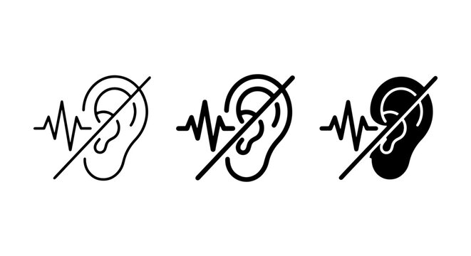 Hearing Protection Icons, Sound Wave Blocked Ear Symbol, Noise Cancellation Vector Set, Audio Signal Muted Graphic