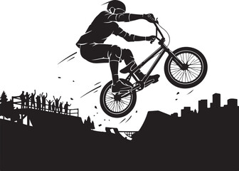 Fototapeta premium Black, silhouette BMX rider, jumping bike, city skyline, motion graphics