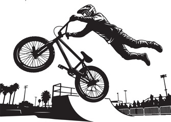 Fototapeta premium BMX rider, bicycle stunt, black silhouette, skate park, extreme sports vector