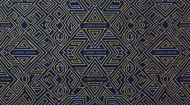 Intricate art deco geometric pattern with gold mazelike lines on a dark blue background