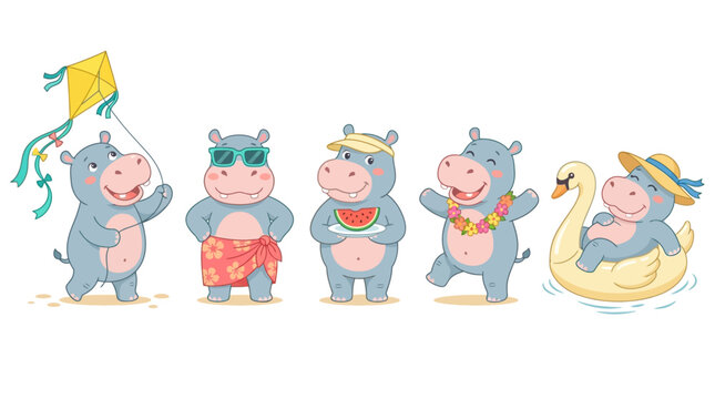 Group of cute cartoon hippos enjoying summer vacation activities on a sunny beach day