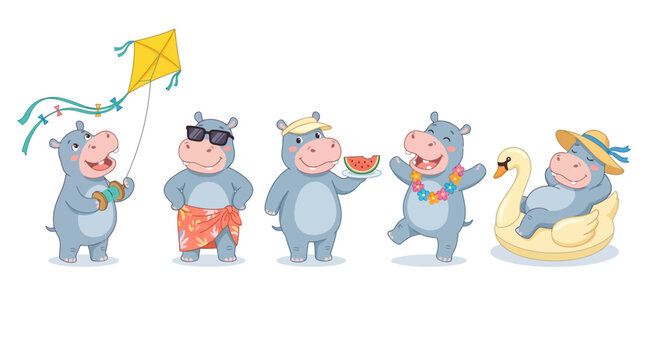 Cute cartoon hippos enjoy summer vacation activities together during a sunny tropical holiday trip