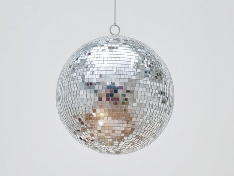 A Classic Disco Ball Reflecting Light Against a Neutral Background.